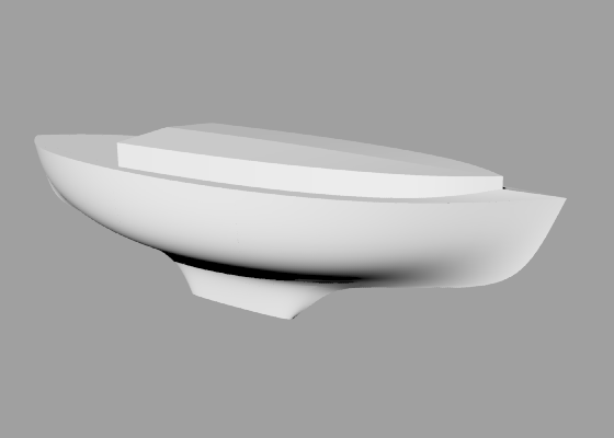 Perspective view of a 10 metre, 8 tonne generic double-ender sailboat hull with a medium fin keel.